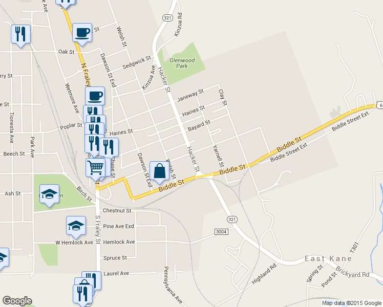 map of restaurants, bars, coffee shops, grocery stores, and more near 198 Hacker St in Kane