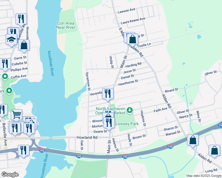map of restaurants, bars, coffee shops, grocery stores, and more near 407 Main Street in Fairhaven
