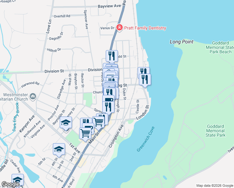 map of restaurants, bars, coffee shops, grocery stores, and more near 10 Queen Street in East Greenwich