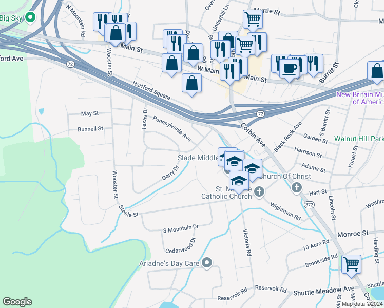 map of restaurants, bars, coffee shops, grocery stores, and more near 100 Round Hill Road in New Britain