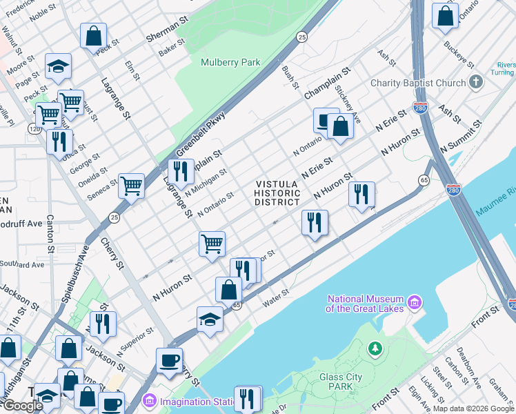 map of restaurants, bars, coffee shops, grocery stores, and more near in Toledo