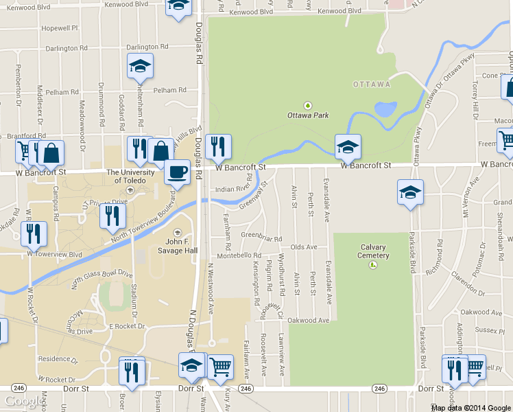 map of restaurants, bars, coffee shops, grocery stores, and more near 2633 Greenway Street in Toledo