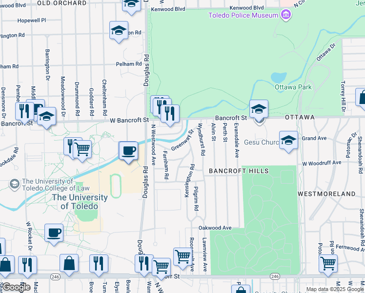 map of restaurants, bars, coffee shops, grocery stores, and more near 2633 Greenway Street in Toledo