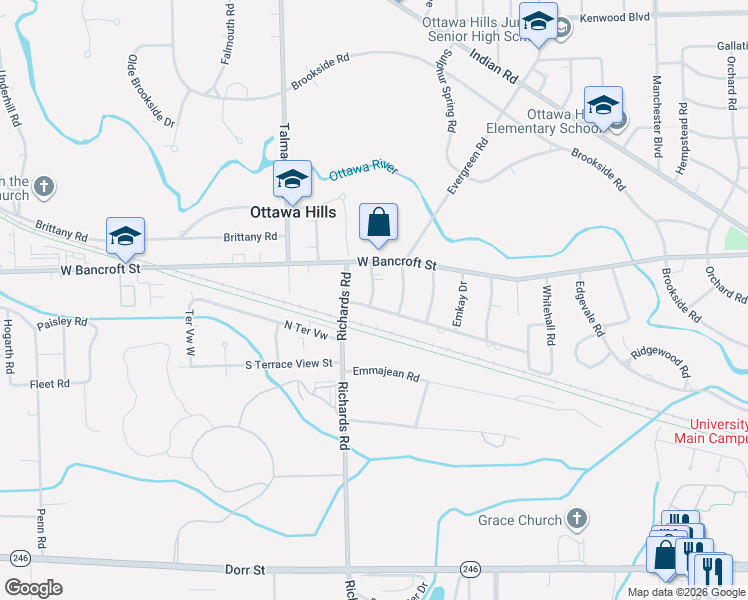 map of restaurants, bars, coffee shops, grocery stores, and more near 4033 Hillandale Road in Toledo