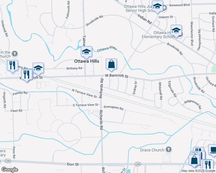 map of restaurants, bars, coffee shops, grocery stores, and more near 4033 Hillandale Road in Toledo