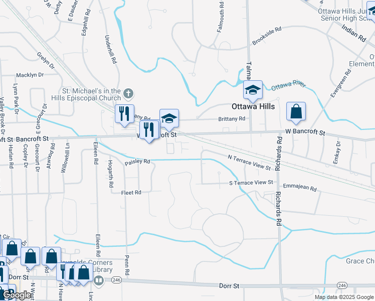 map of restaurants, bars, coffee shops, grocery stores, and more near 4515 West Bancroft Street in Toledo