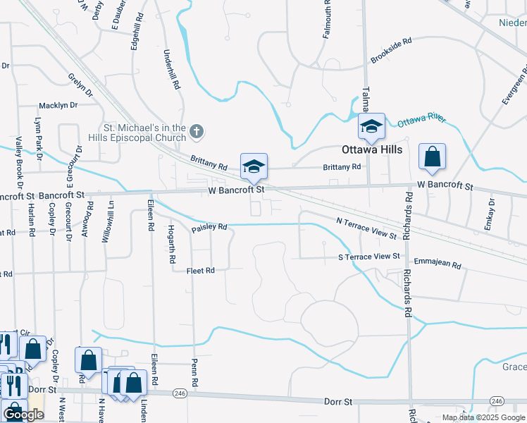map of restaurants, bars, coffee shops, grocery stores, and more near 4800 West Bancroft Street in Toledo