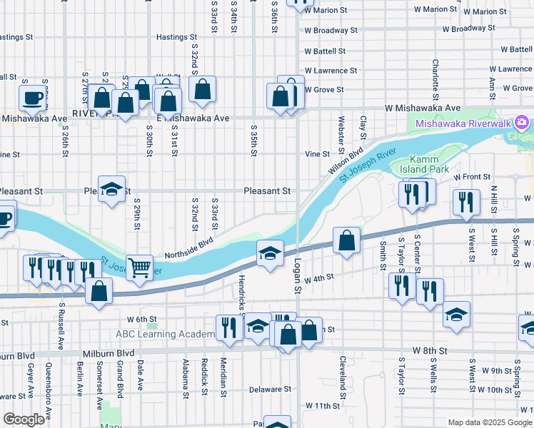 map of restaurants, bars, coffee shops, grocery stores, and more near 3450-3498 Northside Blvd in South Bend