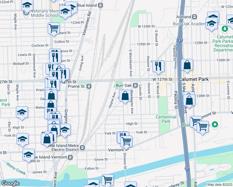 map of restaurants, bars, coffee shops, grocery stores, and more near 12760 Hoyne Avenue in Blue Island