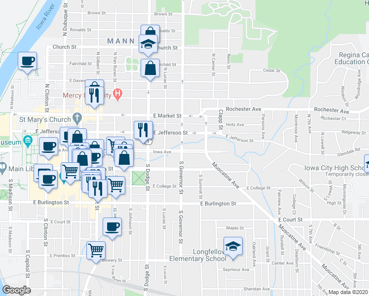 map of restaurants, bars, coffee shops, grocery stores, and more near 903 Iowa Avenue in Iowa City