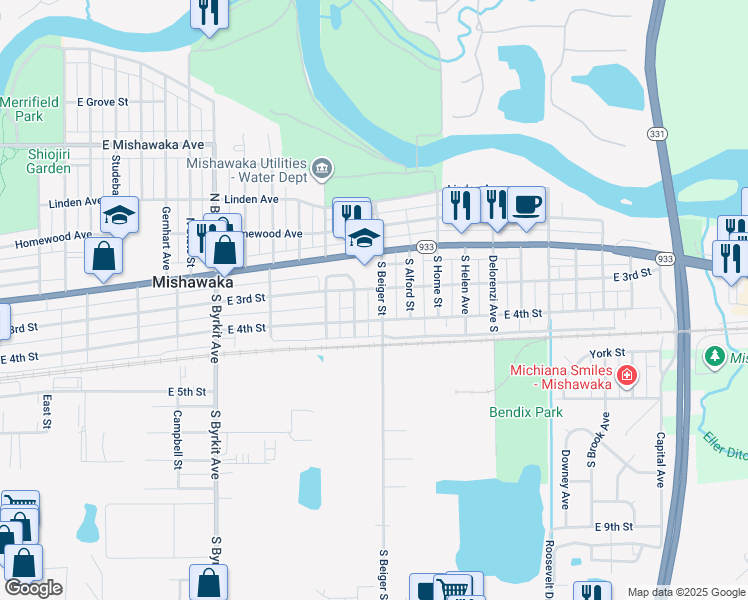 map of restaurants, bars, coffee shops, grocery stores, and more near 211 South Beiger Street in Mishawaka