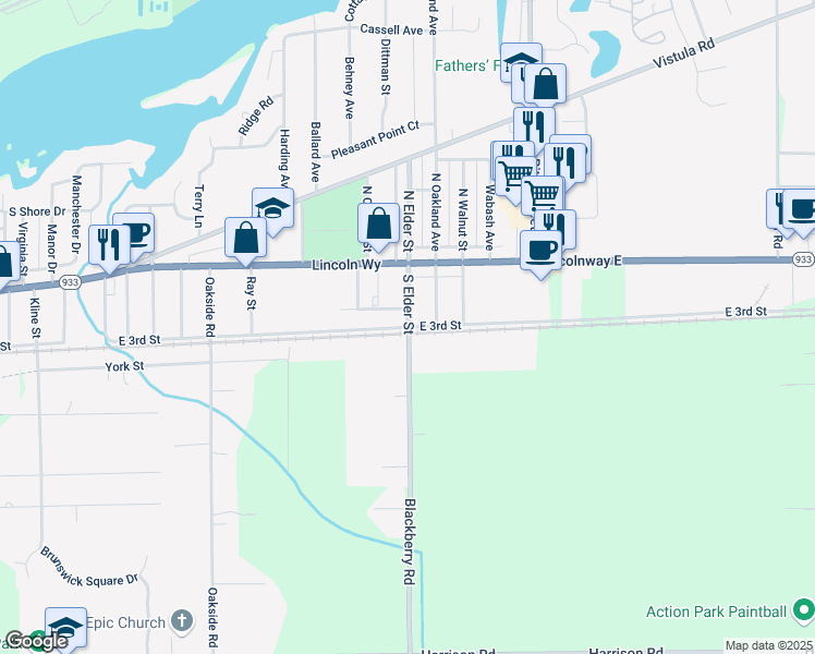 map of restaurants, bars, coffee shops, grocery stores, and more near 4099 E 3rd St in Mishawaka