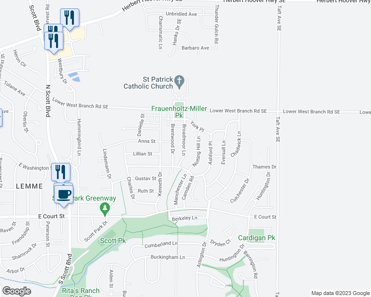 map of restaurants, bars, coffee shops, grocery stores, and more near 83 Notting Hill Lane in Iowa City