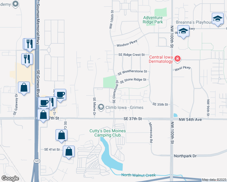 map of restaurants, bars, coffee shops, grocery stores, and more near 5555 Southeast Glenstone Drive in Grimes