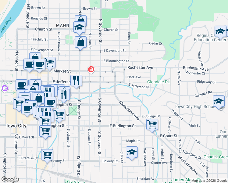 map of restaurants, bars, coffee shops, grocery stores, and more near 943 Iowa Avenue in Iowa City
