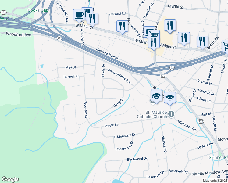 map of restaurants, bars, coffee shops, grocery stores, and more near 90 Dogwood Drive in New Britain