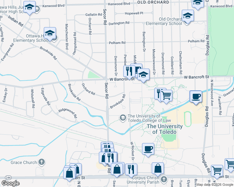 map of restaurants, bars, coffee shops, grocery stores, and more near 3162 Kylemore Road in Toledo