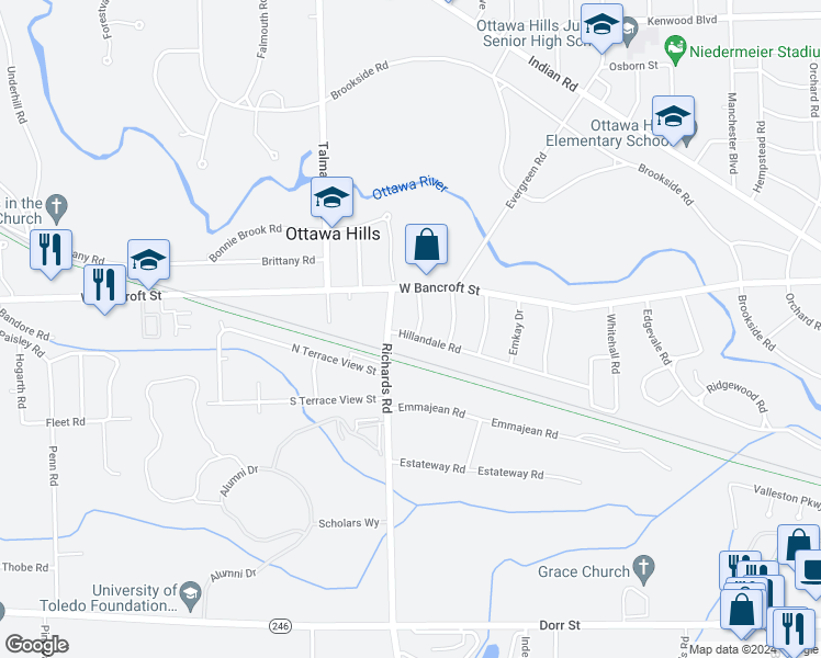 map of restaurants, bars, coffee shops, grocery stores, and more near 2127 Collinway Street in Toledo
