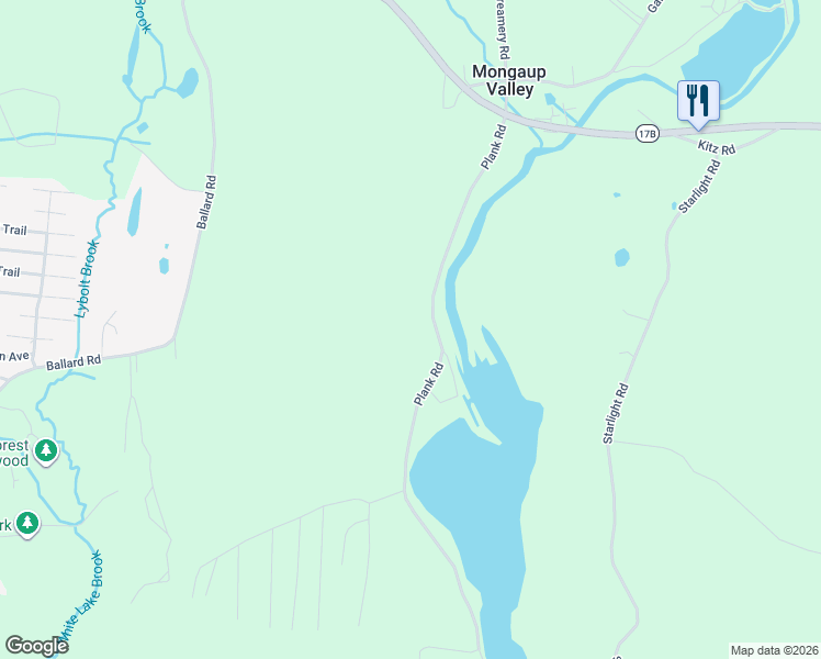 map of restaurants, bars, coffee shops, grocery stores, and more near 96 Plank Road in Mongaup Valley