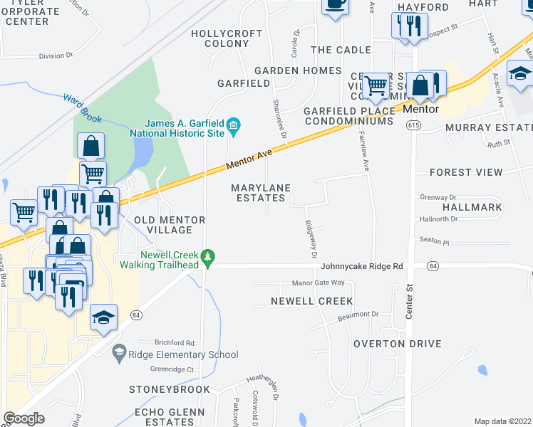 map of restaurants, bars, coffee shops, grocery stores, and more near 7700 Mary Lane in Mentor