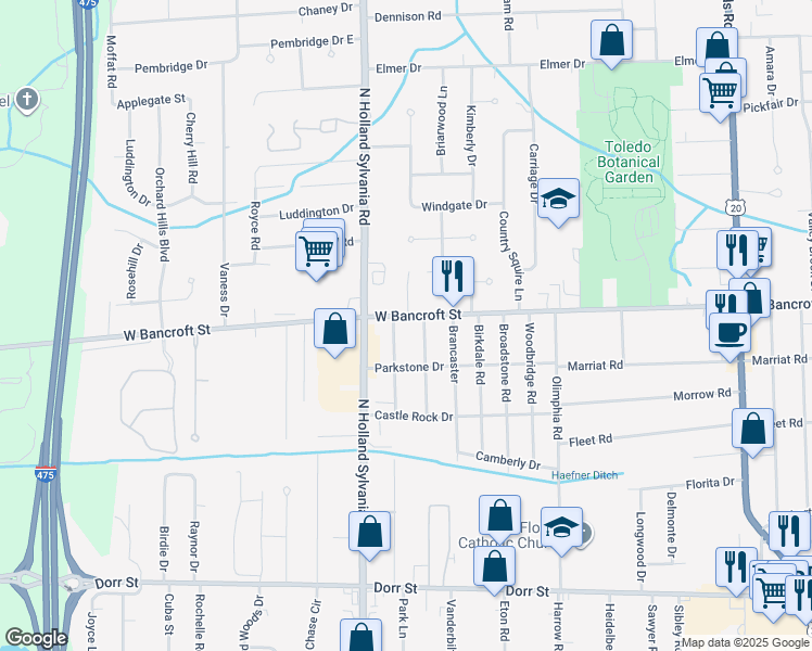 map of restaurants, bars, coffee shops, grocery stores, and more near 2119 Sandown Road in Toledo