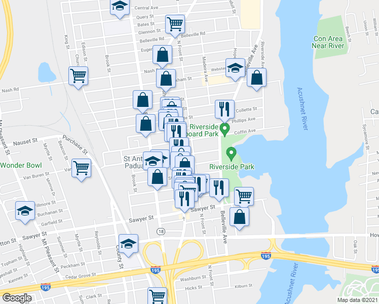 map of restaurants, bars, coffee shops, grocery stores, and more near 85 Deane Street in New Bedford