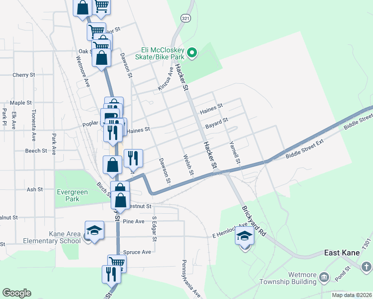 map of restaurants, bars, coffee shops, grocery stores, and more near 210 Welsh Street in Kane
