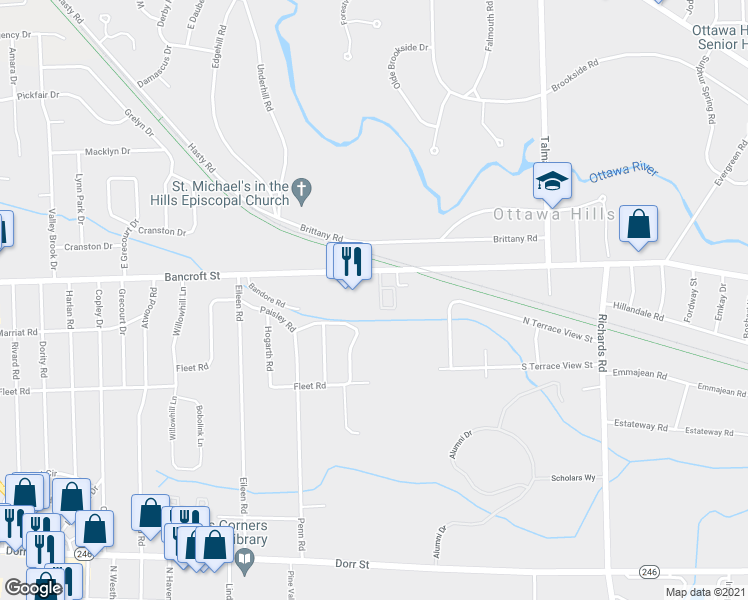 map of restaurants, bars, coffee shops, grocery stores, and more near 2130 Timbercreek Drive in Toledo