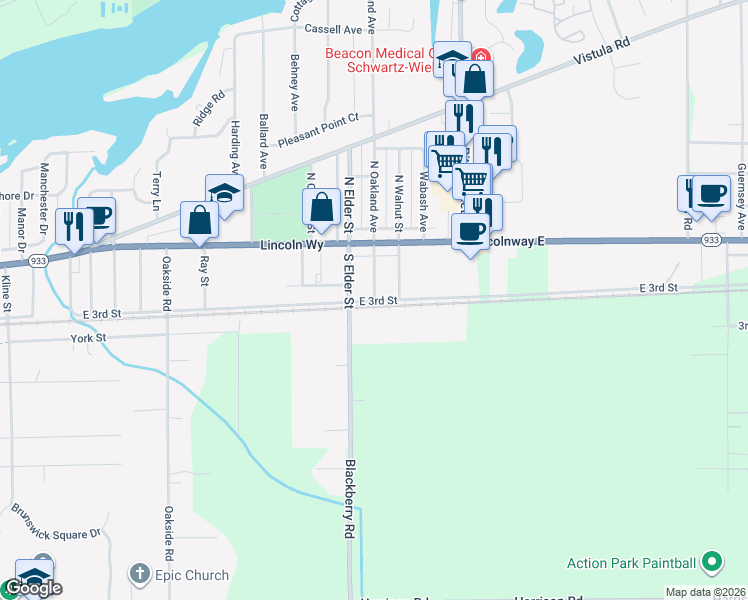map of restaurants, bars, coffee shops, grocery stores, and more near 299 South Oakland Avenue in Mishawaka
