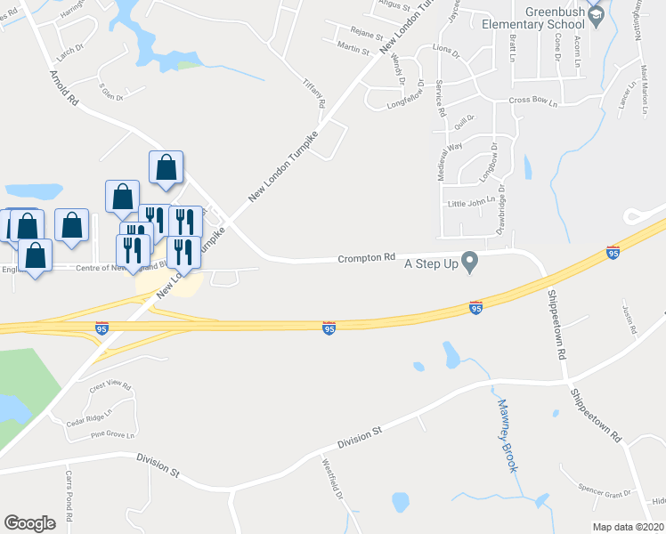 map of restaurants, bars, coffee shops, grocery stores, and more near 262 Crompton Road in East Greenwich