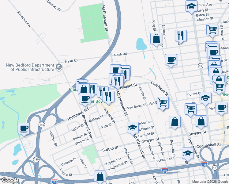 map of restaurants, bars, coffee shops, grocery stores, and more near 395 Mount Pleasant Street in New Bedford
