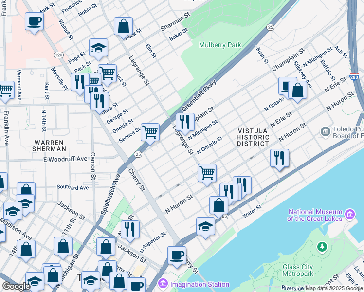 map of restaurants, bars, coffee shops, grocery stores, and more near 912 North Michigan Street in Toledo