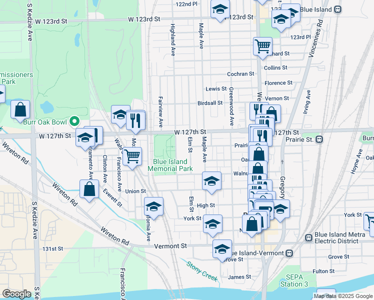 map of restaurants, bars, coffee shops, grocery stores, and more near 12761 Highland Avenue in Blue Island