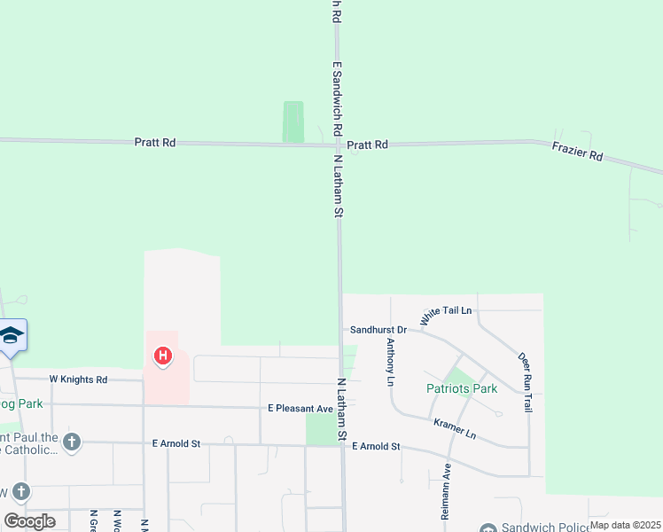 map of restaurants, bars, coffee shops, grocery stores, and more near 1509 North Latham Street in Sandwich