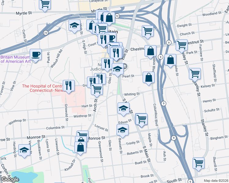 map of restaurants, bars, coffee shops, grocery stores, and more near 111 Franklin Square in New Britain