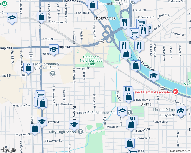 map of restaurants, bars, coffee shops, grocery stores, and more near 701 Pennsylvania Avenue in South Bend