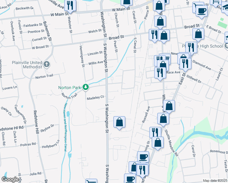 map of restaurants, bars, coffee shops, grocery stores, and more near 160 South Washington Street in Plainville