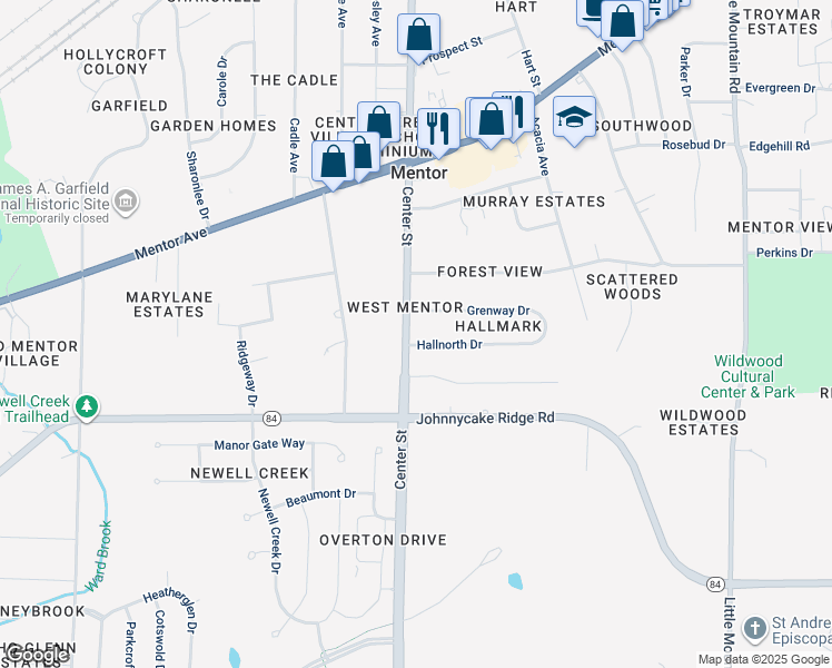 map of restaurants, bars, coffee shops, grocery stores, and more near 8428 Hallnorth Drive in Mentor