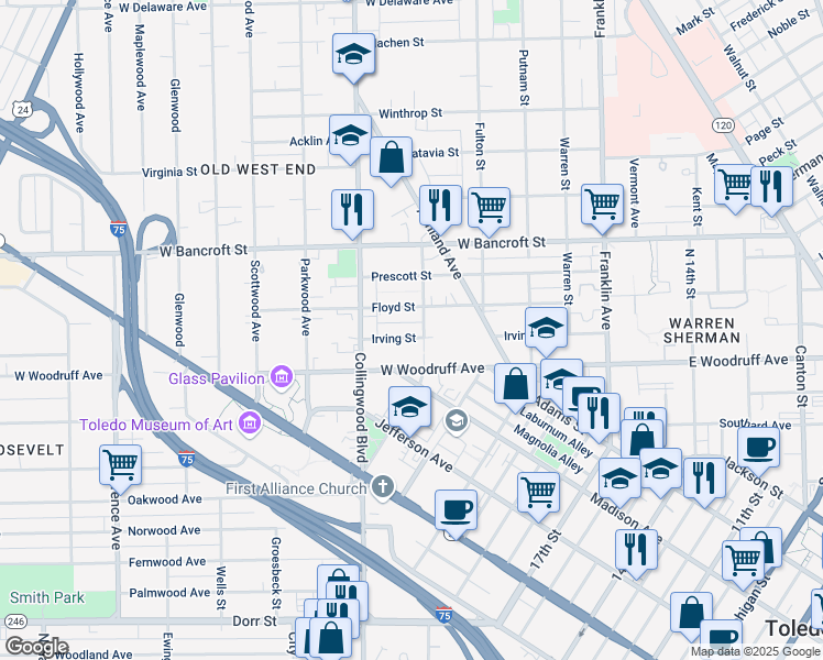 map of restaurants, bars, coffee shops, grocery stores, and more near 409 Irving Street in Toledo