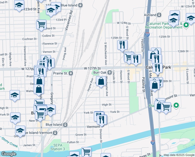map of restaurants, bars, coffee shops, grocery stores, and more near 2000 Oak Street in Blue Island