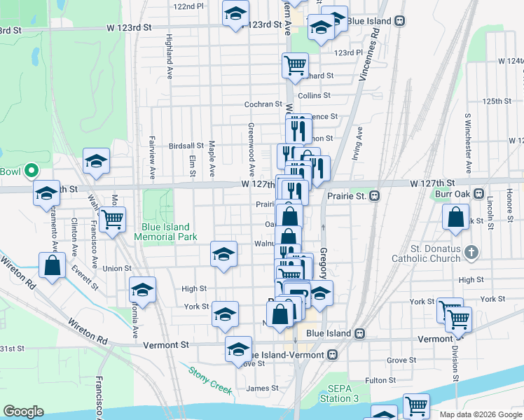map of restaurants, bars, coffee shops, grocery stores, and more near 12757 Greenwood Avenue in Blue Island