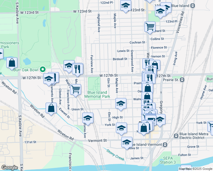 map of restaurants, bars, coffee shops, grocery stores, and more near 12761 Highland Avenue in Blue Island