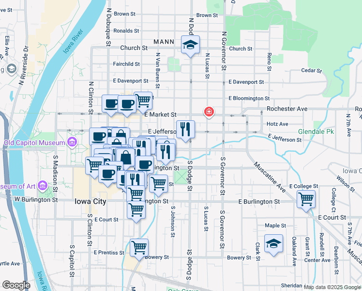 map of restaurants, bars, coffee shops, grocery stores, and more near 6 South Johnson Street in Iowa City