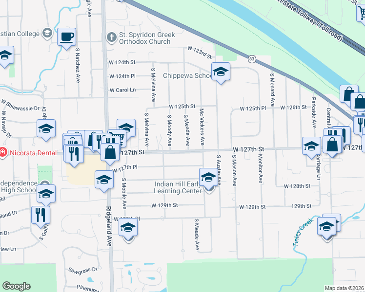 map of restaurants, bars, coffee shops, grocery stores, and more near 6107 West 127th Street in Palos Heights