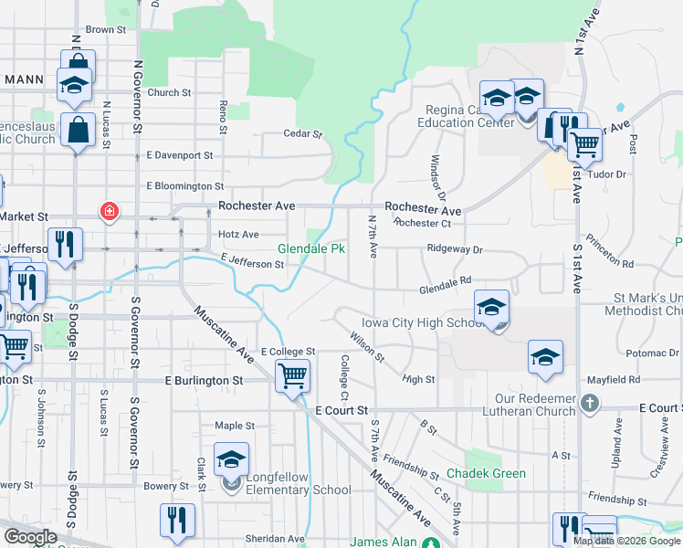 map of restaurants, bars, coffee shops, grocery stores, and more near 2 Glendale Court in Iowa City