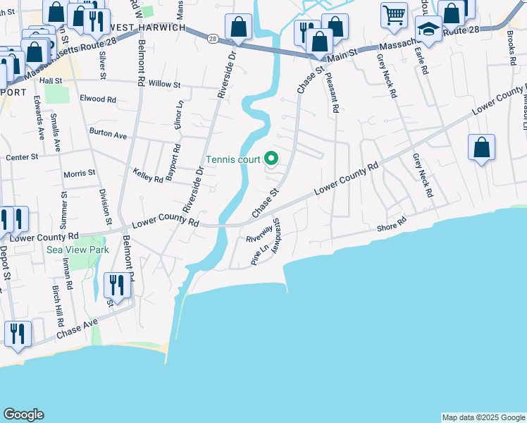 map of restaurants, bars, coffee shops, grocery stores, and more near 105 Lower County Road in Harwich