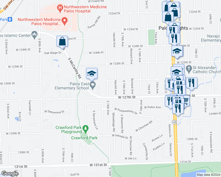 map of restaurants, bars, coffee shops, grocery stores, and more near 12631 South 76th Avenue in Palos Heights