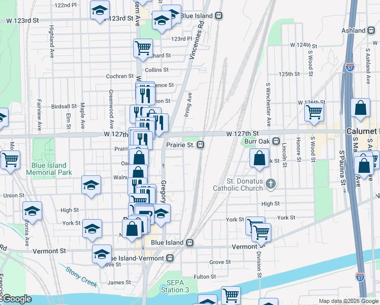 map of restaurants, bars, coffee shops, grocery stores, and more near 12759 Irving Avenue in Blue Island