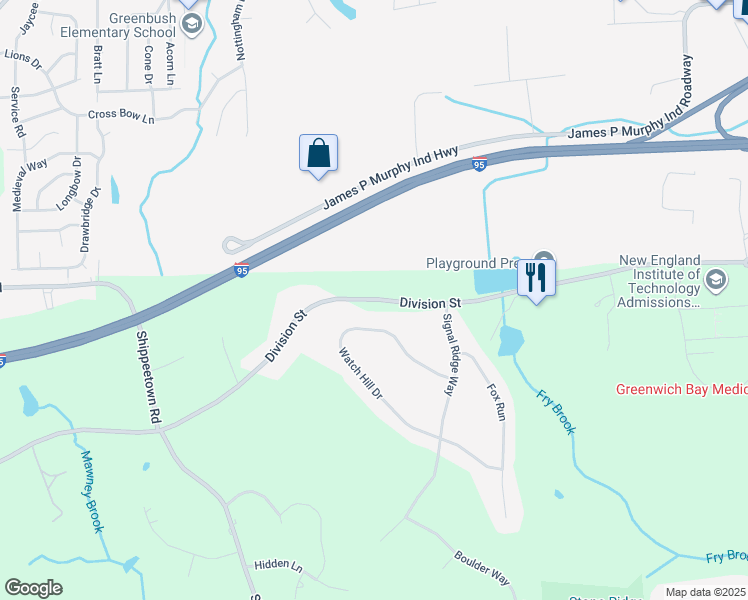 map of restaurants, bars, coffee shops, grocery stores, and more near 1974 Division Road in East Greenwich