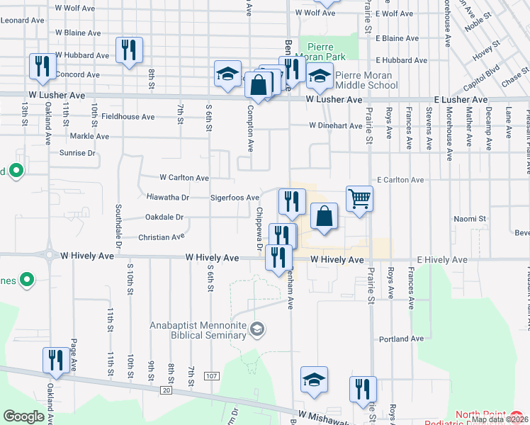 map of restaurants, bars, coffee shops, grocery stores, and more near 2509 Ottawa Dr in Elkhart
